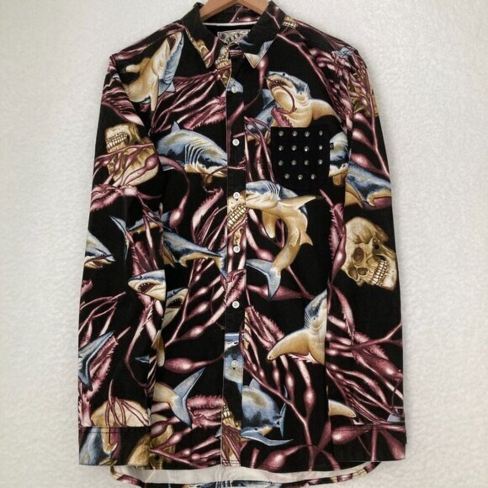 Rook‎ Shirt Mens L Multicolored Long Sleeve Skulls Sharks Studded Pocket Rock
